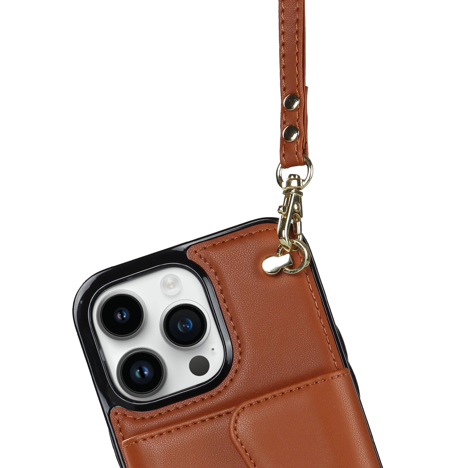 iPhone 12 / iPhone 12 Pro Necklace Leder Schutz Hülle mit Kartenfach   Handykette (140cm) - Braun