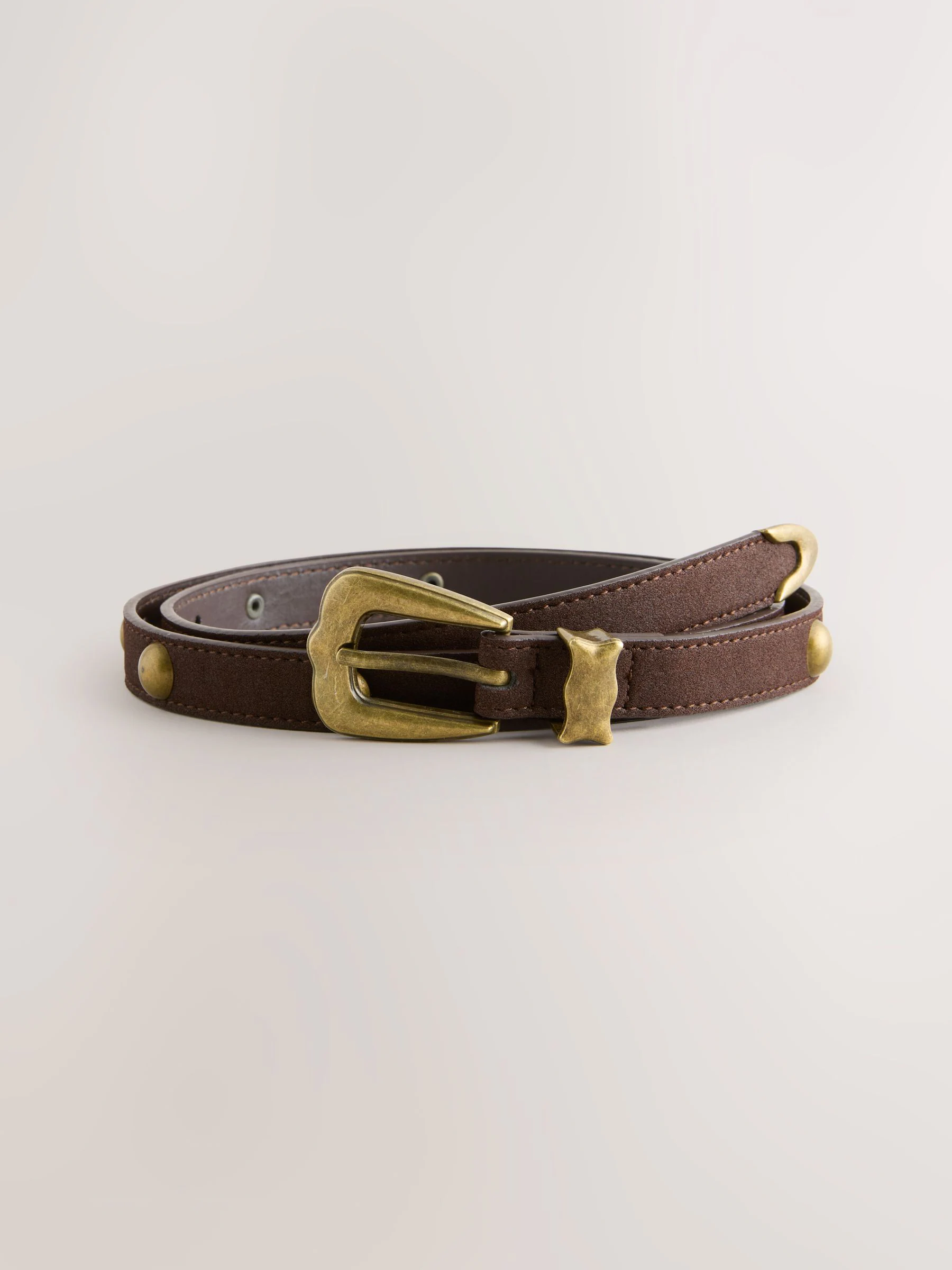 Chocoladebruin - Skinny PU Domed Stud Belt