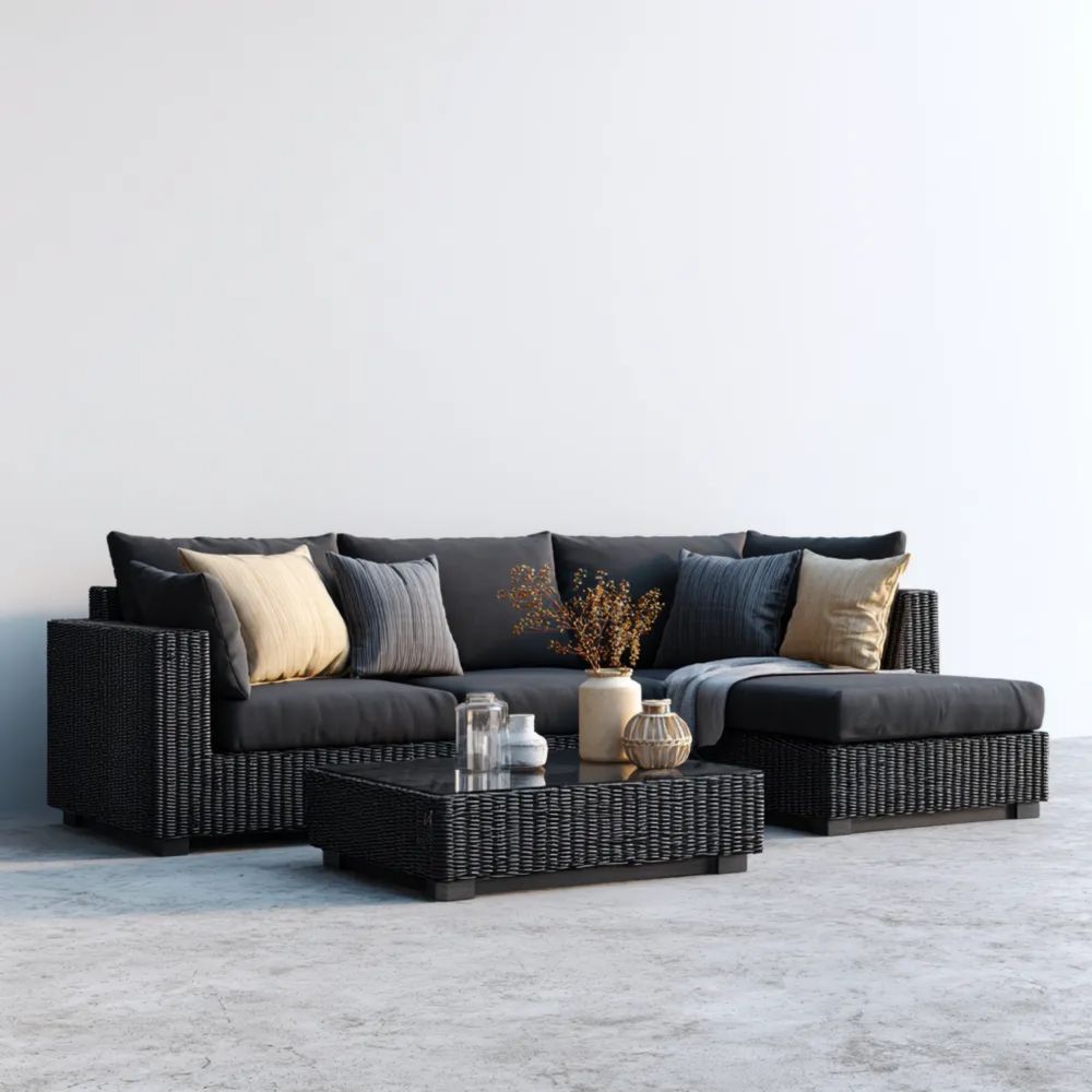Garten-Sofaset Polyrattan 220x150x68 cm – Schwarz – Moderne Lounge
