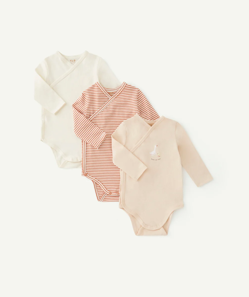 LOT DE 3 BODIES EN COTON BIOLOGIQUE BEIGE ÉCRU ET RAYÉ