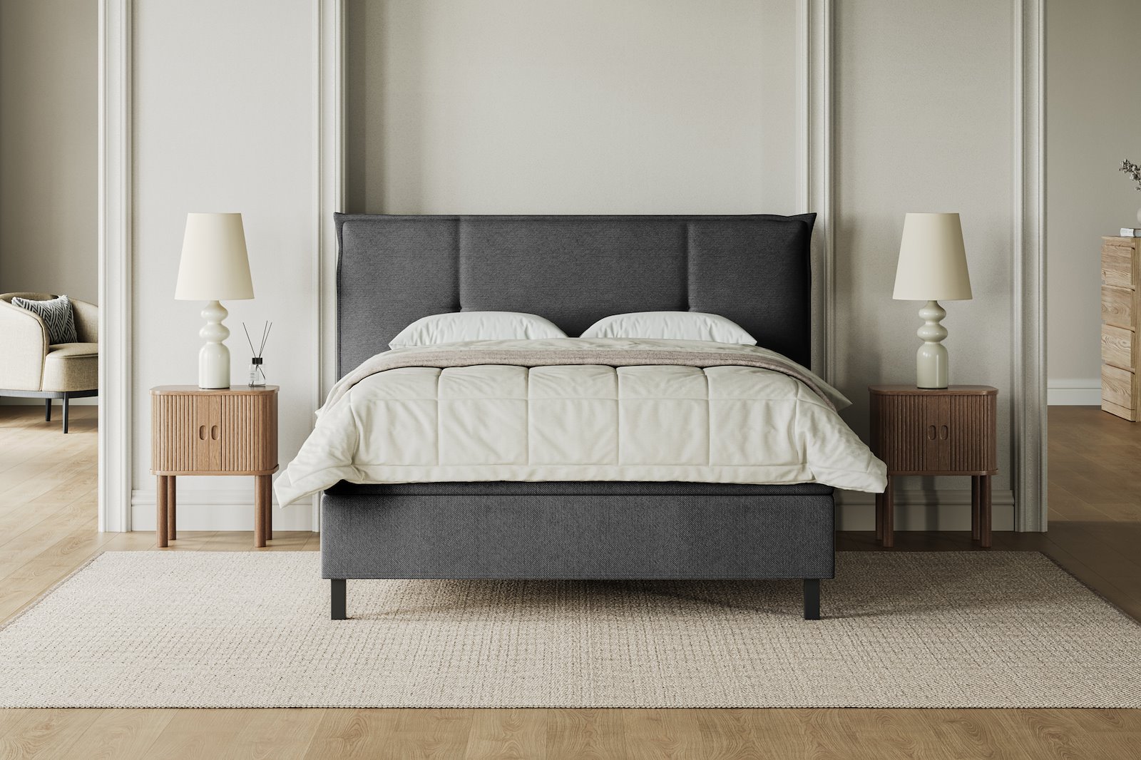 XOV Premium 15 Kontinentalseng 150x200 cm i tekstil Terranova 09 grå, fast/fast med Premium 15 overmadrass og sort firkantede ben, gavl selges separate