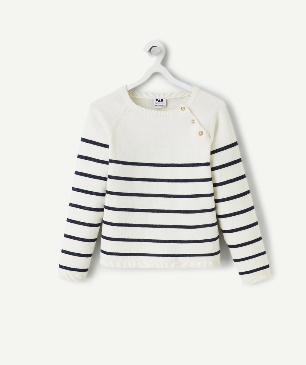 PULL MANCHES LONGUES FILLE ÉCRU À RAYURES BLEUES