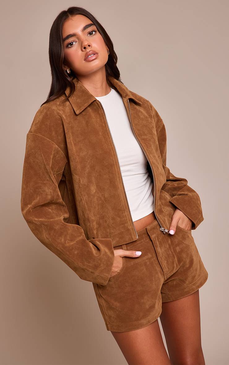 Marron Veste Courte Plissée En Daim Avec Fermeture Éclair