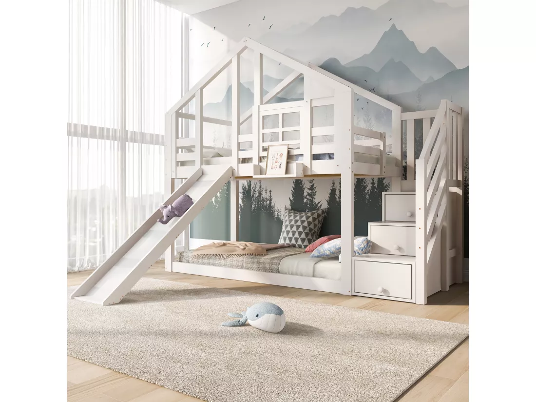 Lits superposés 2 x 90 x 200 cm avec 3 tiroirs, toboggan et toit - Bois massif + MDF - 2 x sommier à lattes - Blanc (sans matelas)