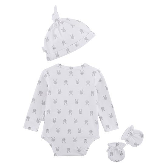 Body + bonnet + moufles Lapin Câlin   Blanc/Gris        de               P'tit bisou