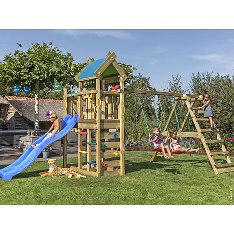 Jungle Gym Nomad med klatrestativ og blå rutsjebane