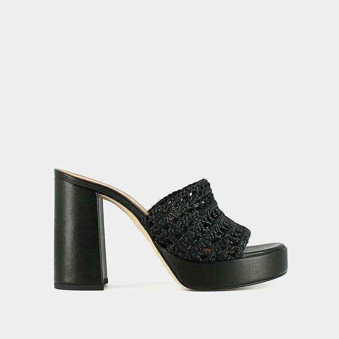 Mules ajourées à plateformes  en raphia noir