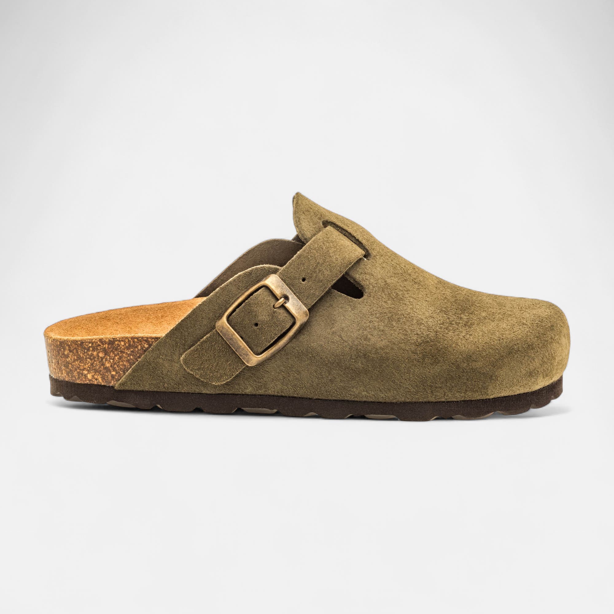 Mules semelle liège Garçon en cuir kaki
