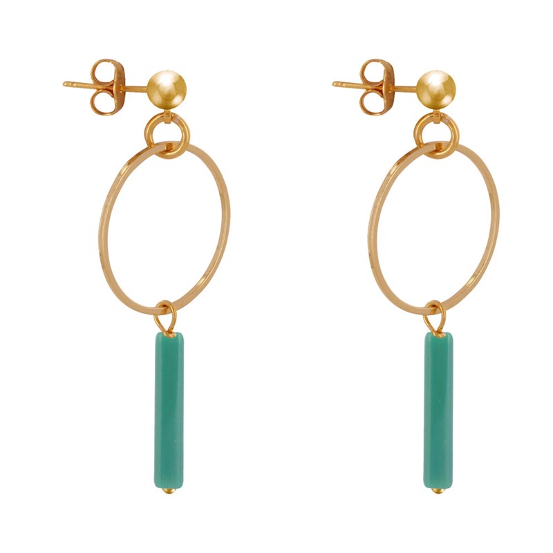 Boucles d'Oreilles Doré Cercle et Perle Rectangulaire Brillante
