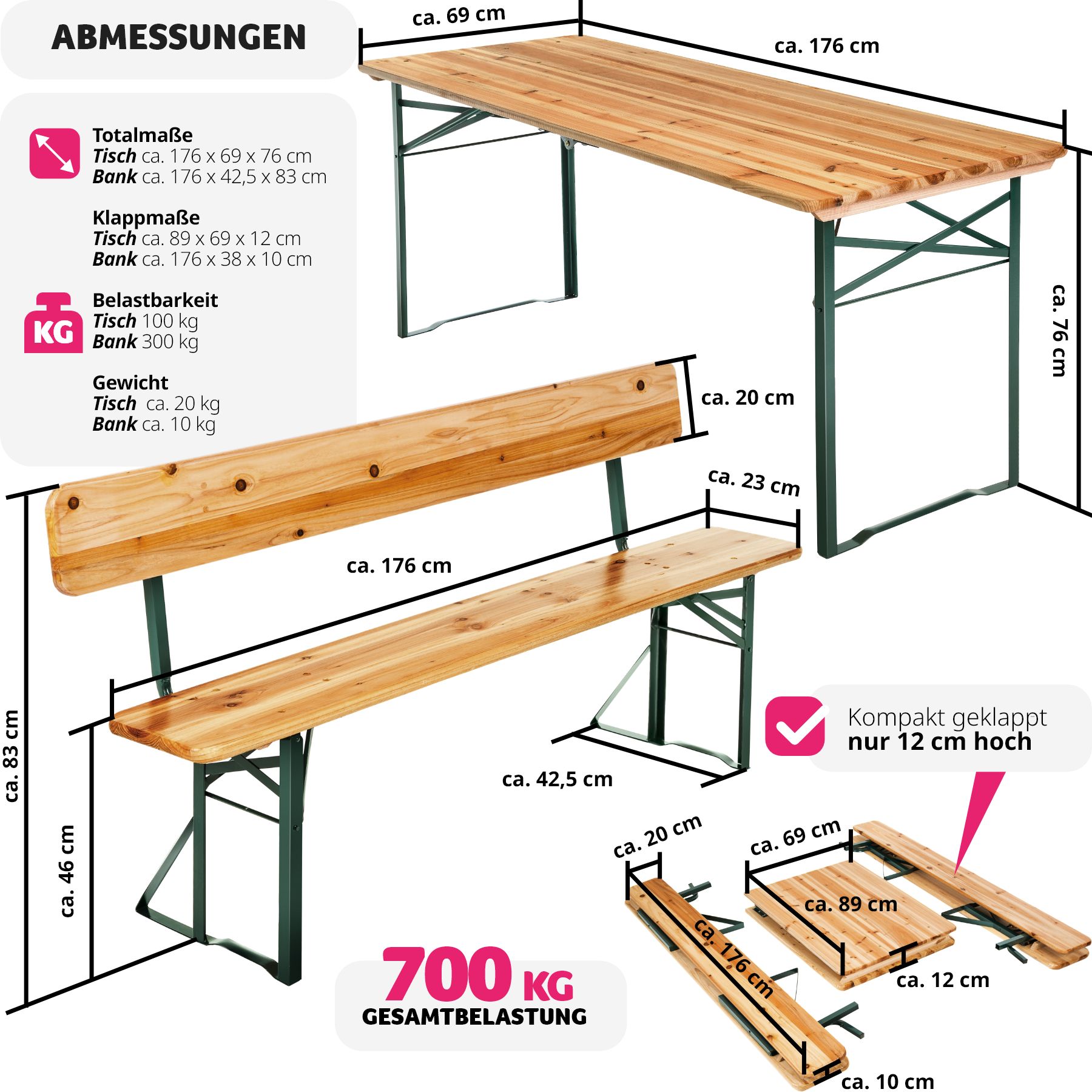 tectake® Bierzeltgarnitur, 3-teilig, belastbar, Holzlackierung mit Klarlack