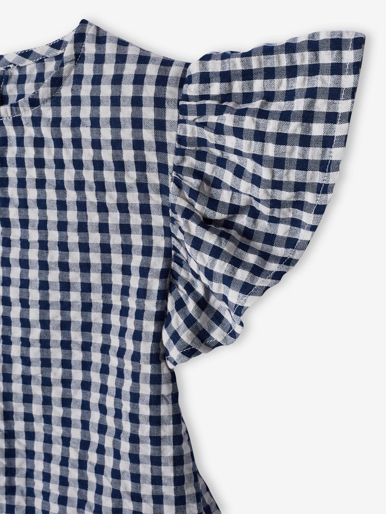 Blusa xadrez vichy com babados para meninas, azul marinho.
