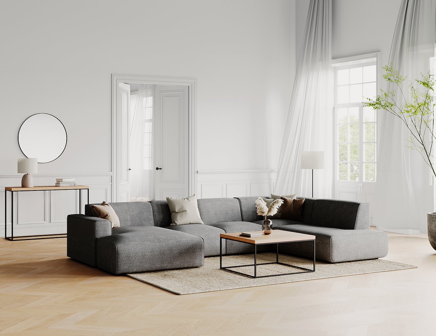 Enjoy U-sofa oppsett Sjeselong venstre liten , 2-seter, hjørne, åpen ende høyre liten i tekstil Brego 18 antrasitt med sorte ben