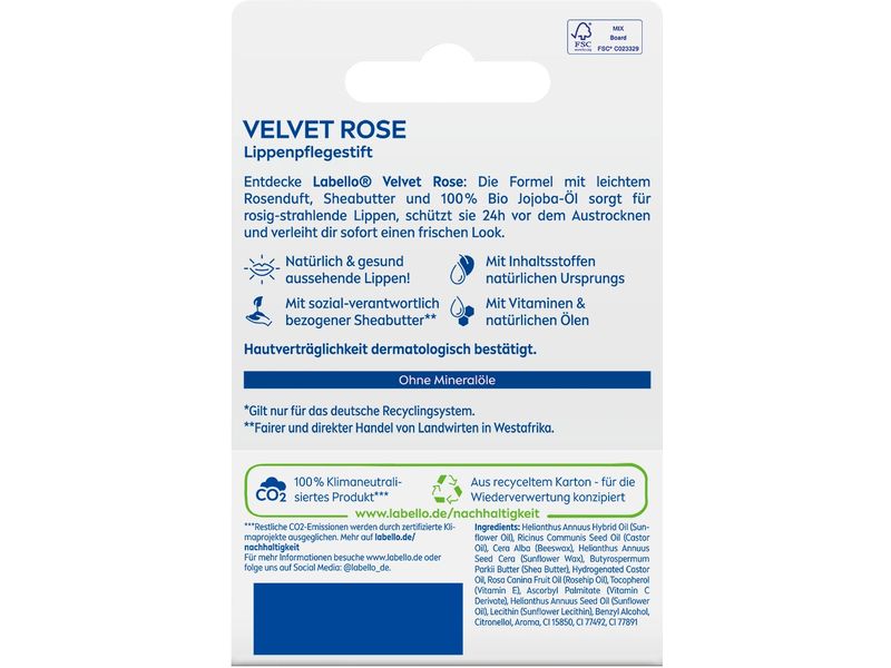 LABELLO Lippenpflege Labello Velvet Rose 4.8 g Lippenpflegestift mit Inhaltsstoffen natürlichen Ursprungs