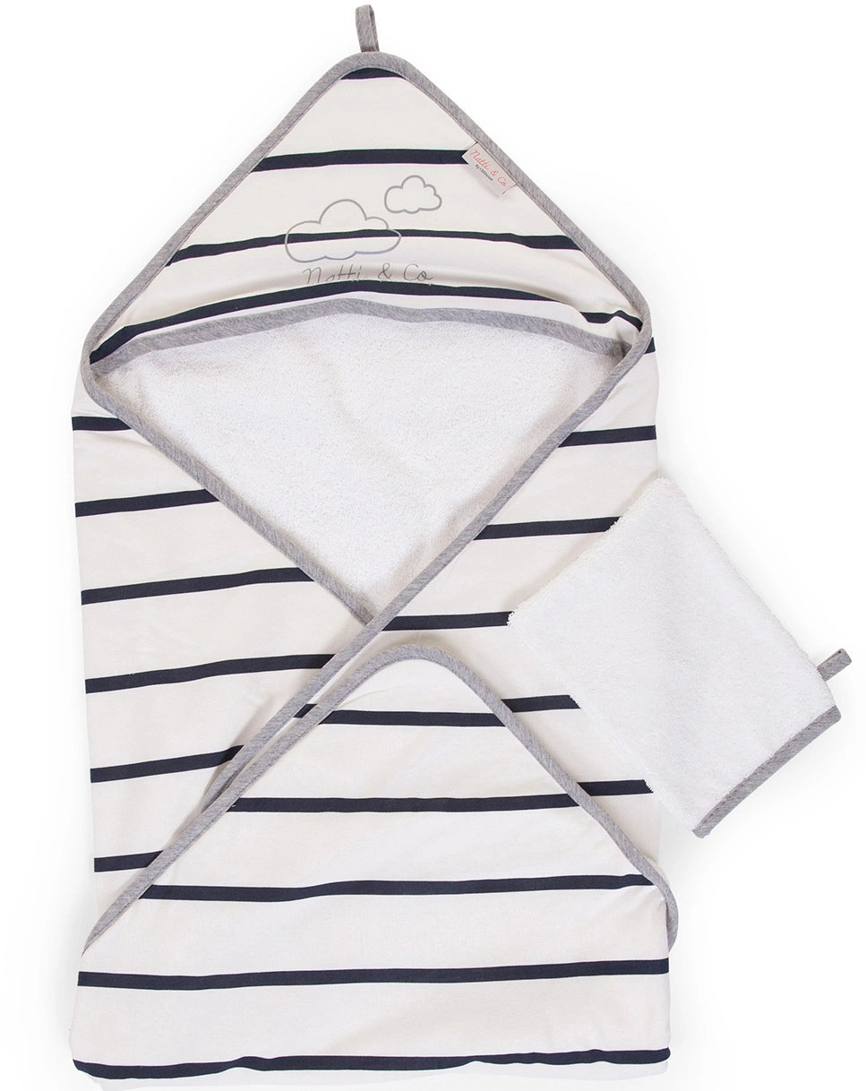 Kapuzenbadetuch STRIPES (80x80) mit Waschhandschuh in weiß/marine