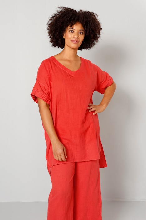 Tunika-Bluse, oversized, Musselin, überschnittene Schultern