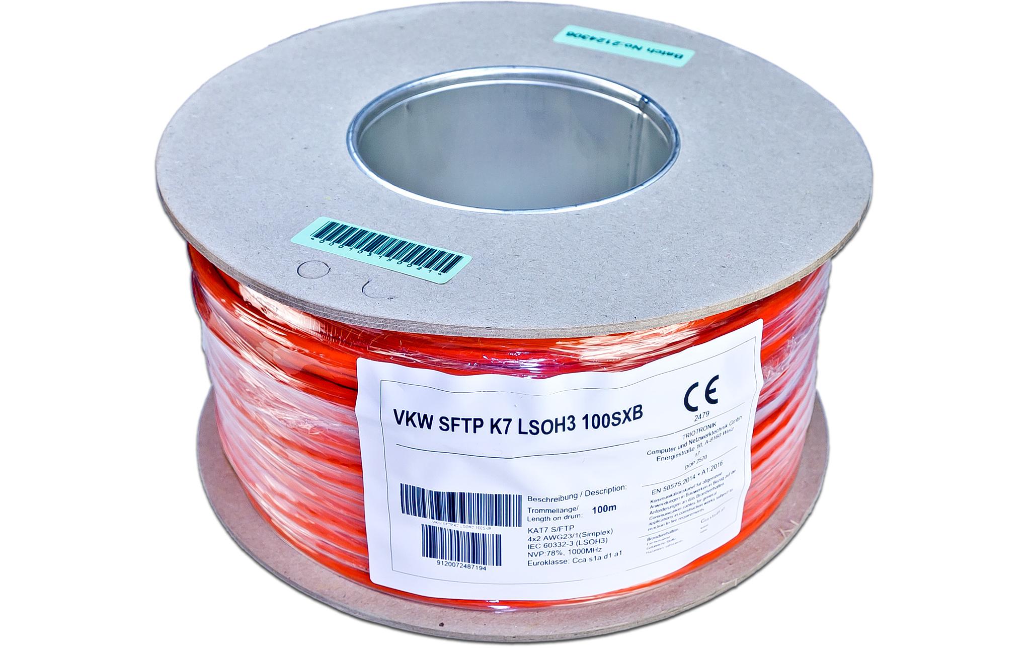 Verlegekabel VKW SFTP K7 LSOH3 Cat 7, S/FTP, 100 m, Orange<br>KAT7 Verlegekabel, S/FTP, 1000MHz, LSOH3, Single, 100m