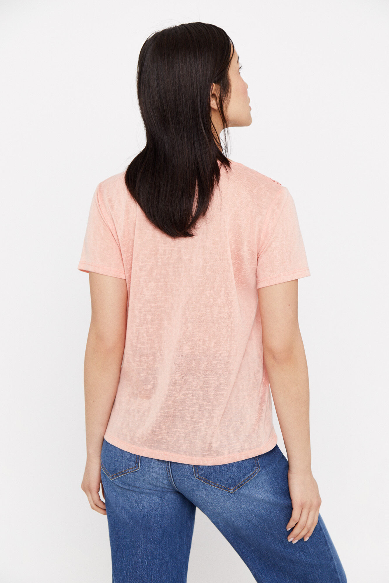 Camiseta efeito linho guipur - Coral