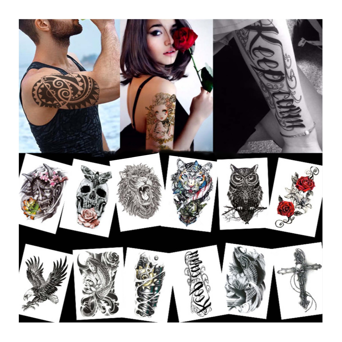 Store midlertidige tatoveringer 14 stk Flerfarget M
