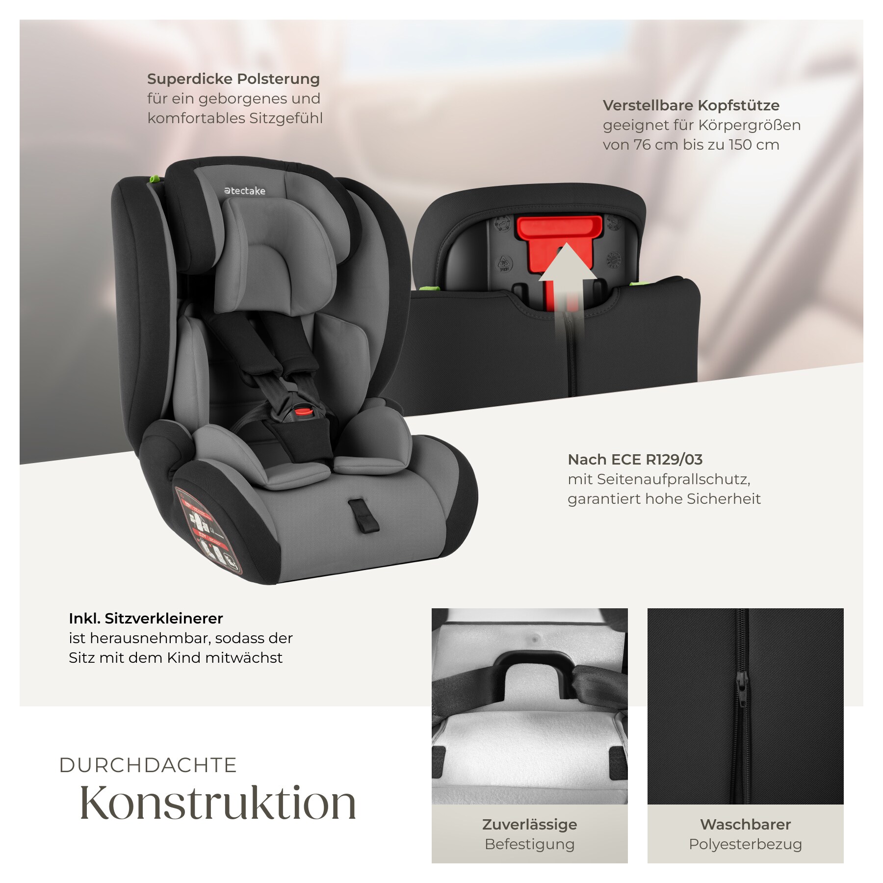 tectake® Autositz, mit Seitenaufprallschutz, zugelassen nach ECE R129/03, längenverstellbarer 5-Punkt-Gurt, höhenverstellbare Kopfstütze, von 76 bis 150 cm, Belastbarkeit 36 kg