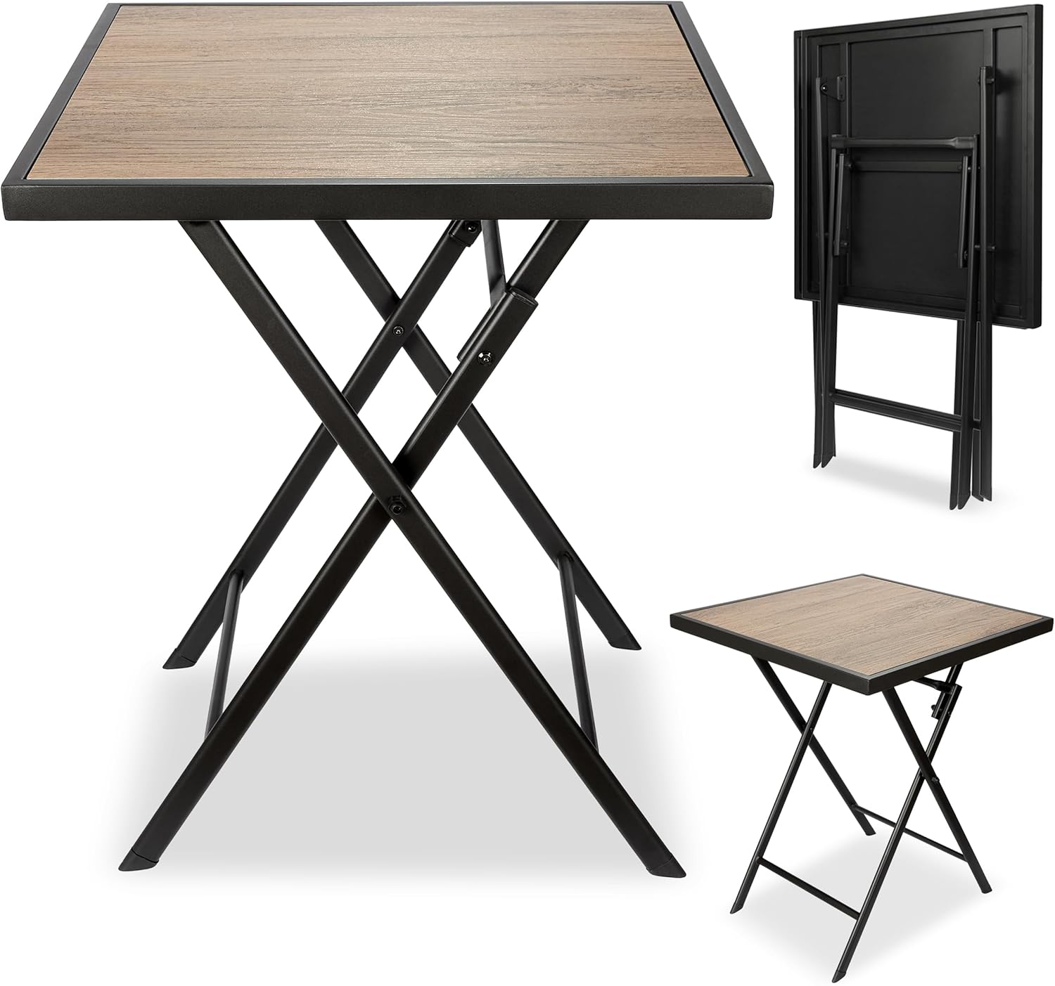 BRUBAKER Gartentisch Bergamo - 58 x 58 cm Balkontisch wetterfest - Metall Beistelltisch klappbar - Campingtisch eckig mit Holz Optik - Klapptisch für Balkon, Terrasse - Bistrotisch - Braun AO6863931