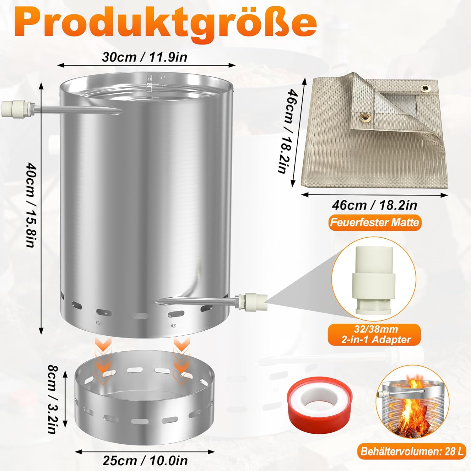 Edelstahl Feuertonne Poolheizung mit Heizspirale, Ø32/38mm Anschlüsse Brennholz Pool Heizung, inkl. Feuerfeste Matte & Restasche Auffangwanne, Outdoor Poolofen für Schwimmbäder, Silber B, 1 Stück