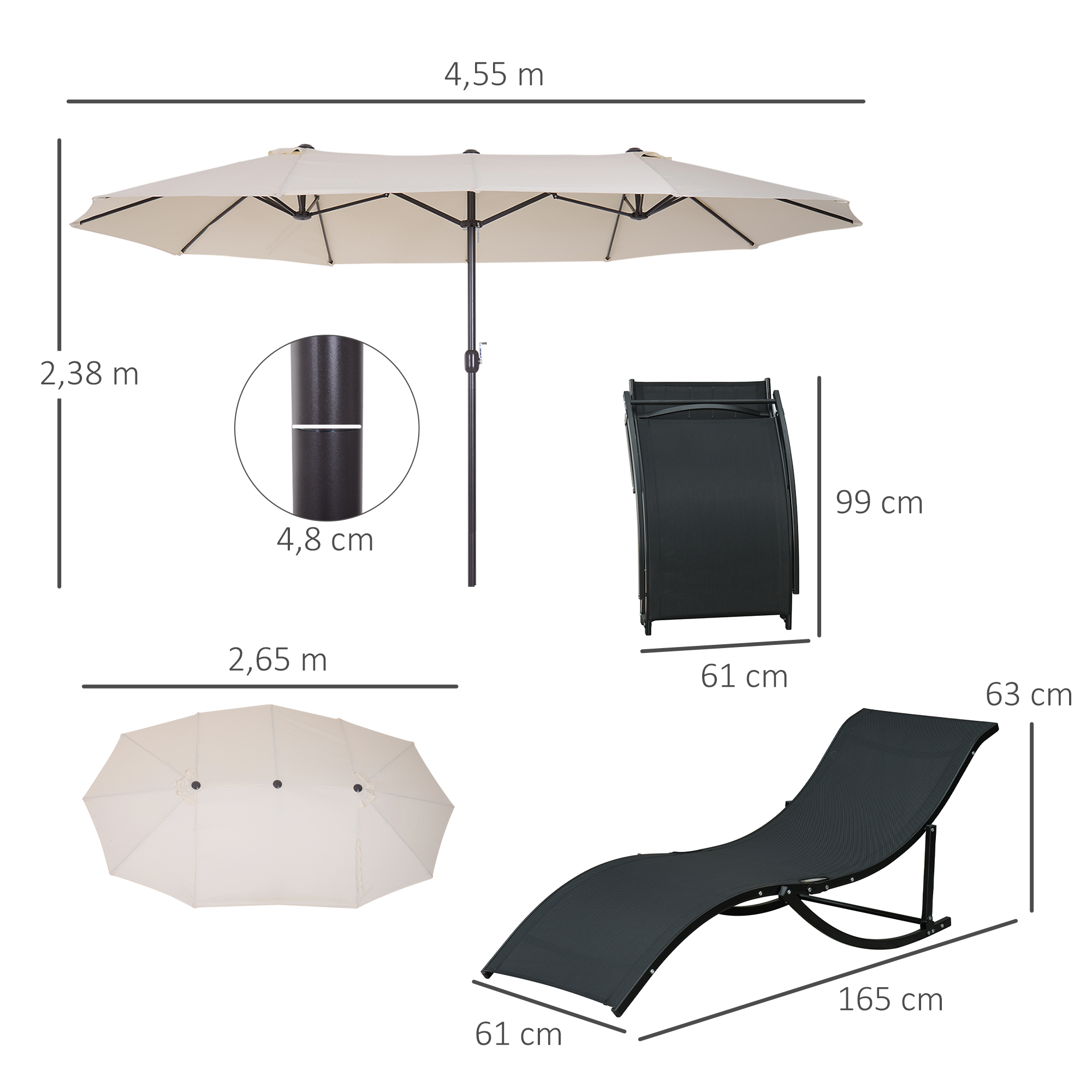 Conjunto Outsunny com guarda-sol duplo e 2 espreguiçadeiras dobráveis em formato de S para piscina, pátio, jardim e terraço, 4,55 x 2,65 x 2,38 m (165 x 61 x 63 cm), bege e preto.