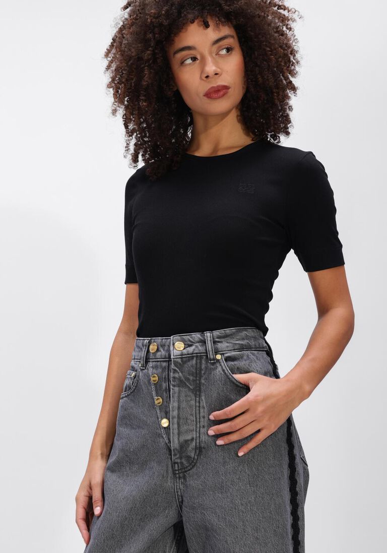 zwarte ganni top soft cotton rib short sleeve t-shirt