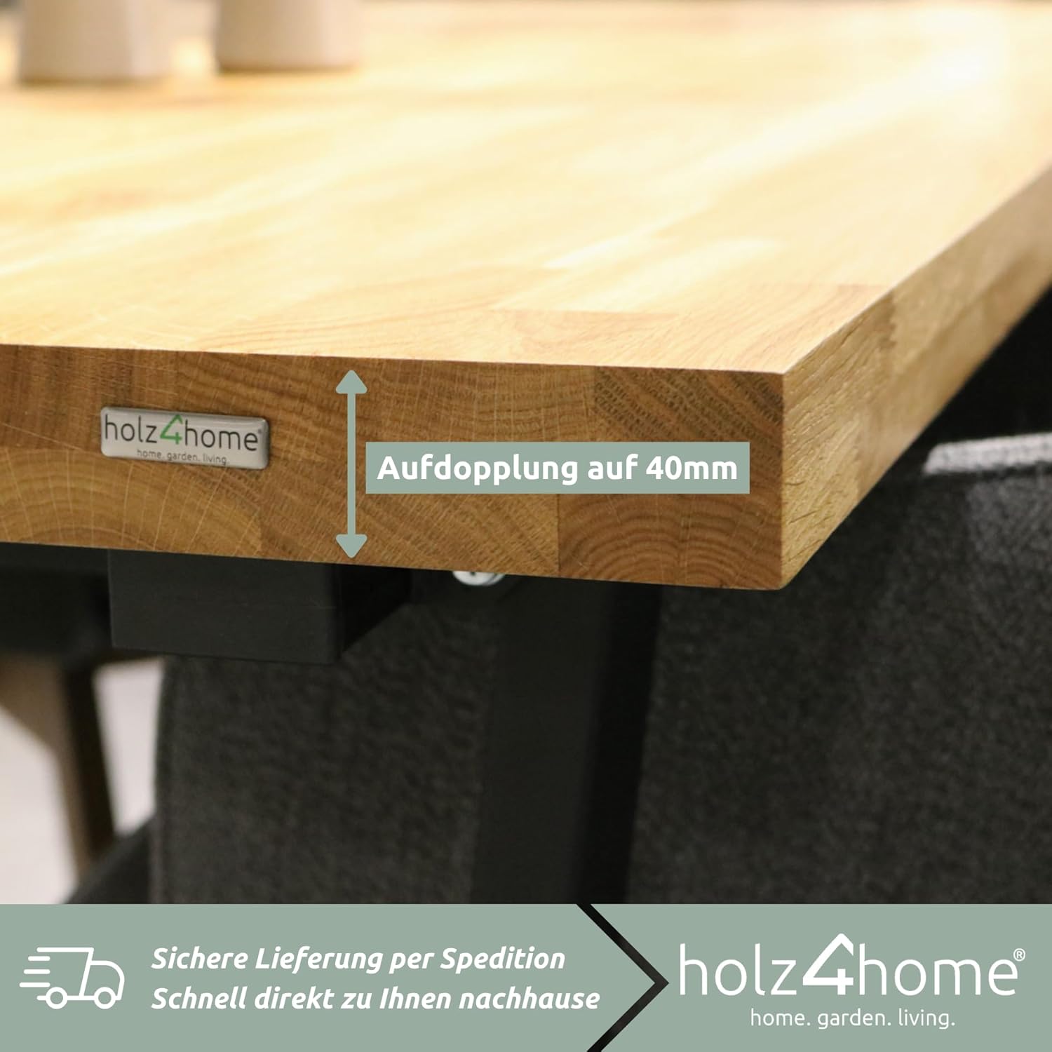 holz4home® Massivholztisch Eiche I Ohne Baumkante I Mit Aufdopplung I inkl. Tischgestell (Doppel-Dreieck-Gestell, 180 x 100 cm)