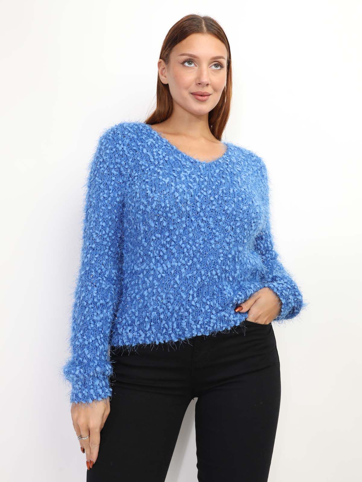 Pull duveteux avec fils brillants- Bleu
