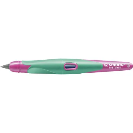 Ergonomischer Schulfüller für Rechtshänder mit Standard-Feder M - STABILO EASYbirdy in türkis/neonpink - Einzelstift - inklusive Patrone - Schreibfarbe blau (löschbar)