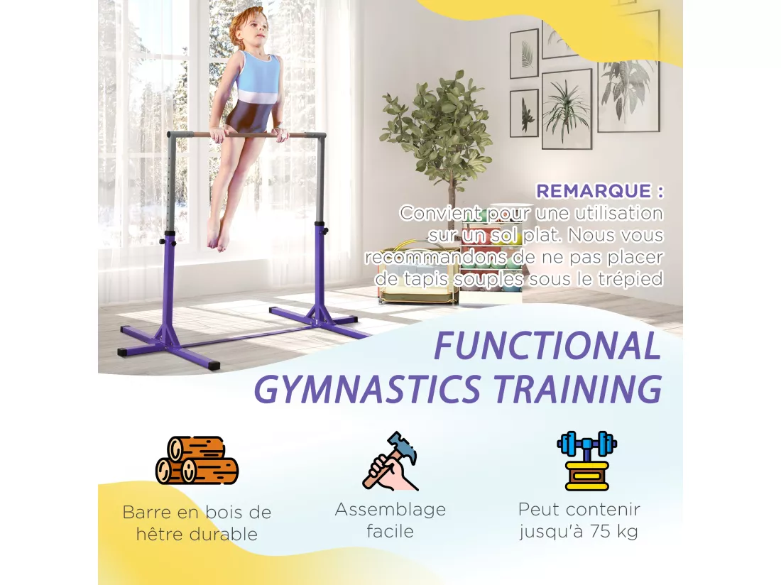 Barre fixe de gymnastique enfant - barre de gymnastique hauteur réglable 13 niveaux 92 à 150 cm - acier violet bois massif hêtre