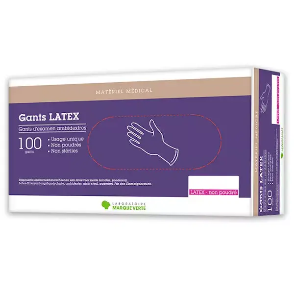 Luvas de exame ambidestras Marque Verte Pro em látex sem pó, tamanho P, pacote com 100 unidades.