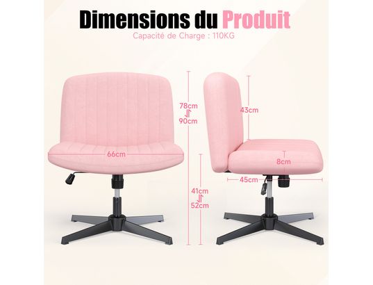 RATTANTREE - Chaise de bureau Fauteuil de bureau large sans accoudoirs rose