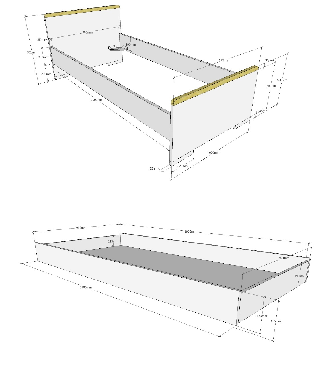 2-teiliges Jugendzimmer-Set LONDON - weiß - Buche - Bettschublade - 90x200 cm