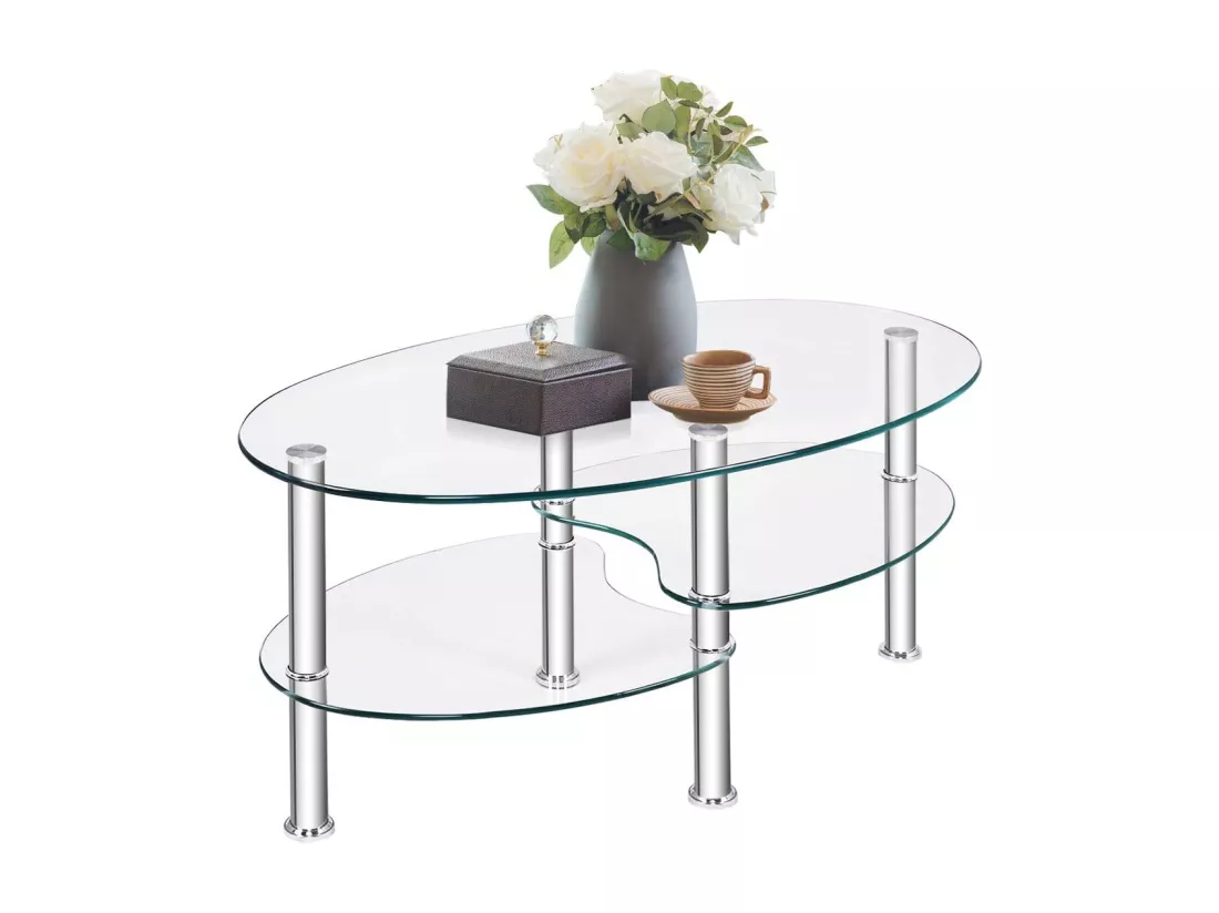 Table basse en verre transparente avec 3 etagères en verre trempé, ovale 90x50x45cm