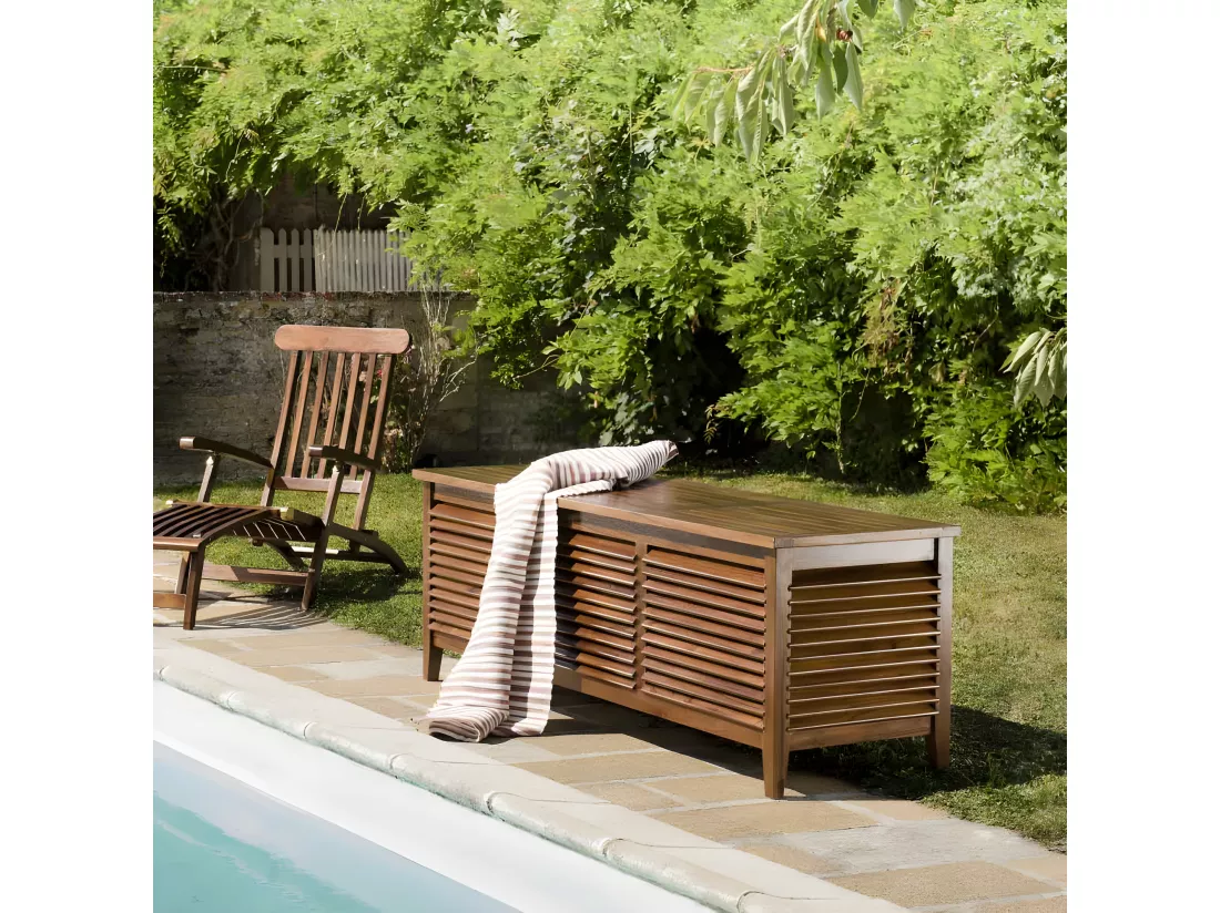 HANNA - Coffre de jardin piscine en bois teck huilé 200x55cm