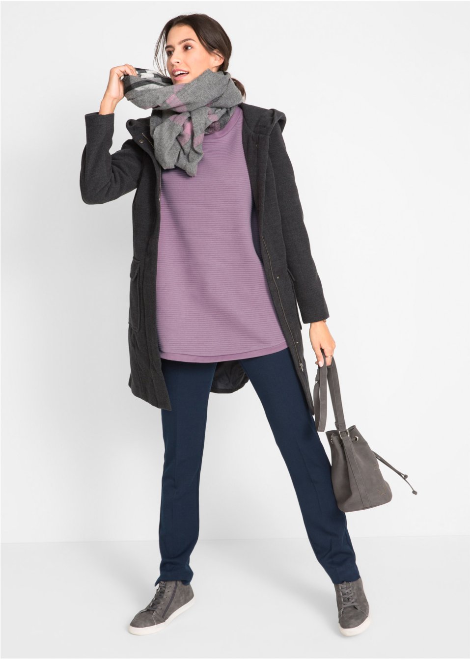 Sweat-shirt long structuré forme trapèze, manches 3/4