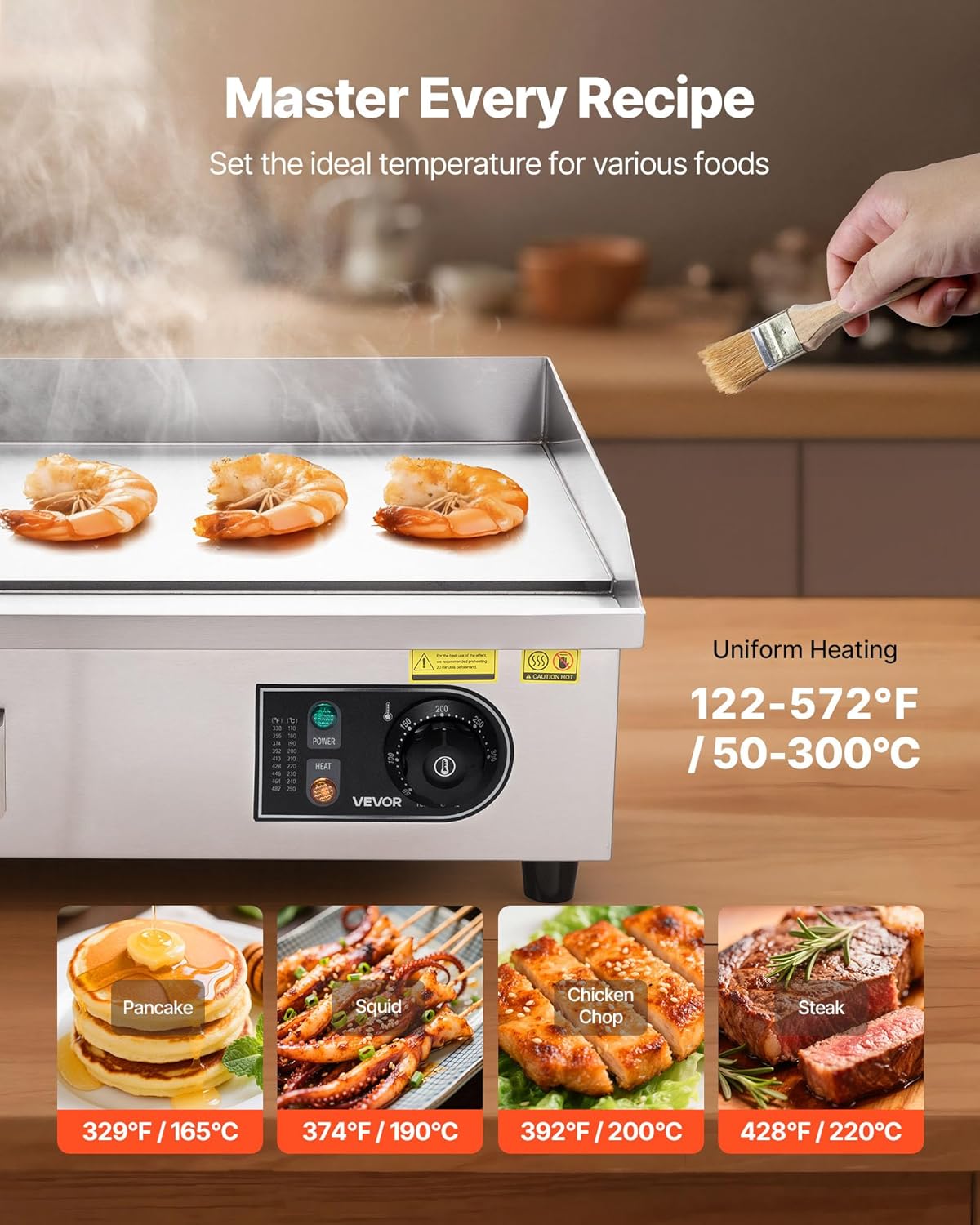 VEVOR Elektrogrill gewerbliche Grillplatte (535 x 300 mm) 3200 W mit 50-300 °C einstellbarer Temperaturregelung, Bratplatte Griddleplatte mit 2 Spachteln & 2 Bürsten & 4 Fußpolstern für Steak