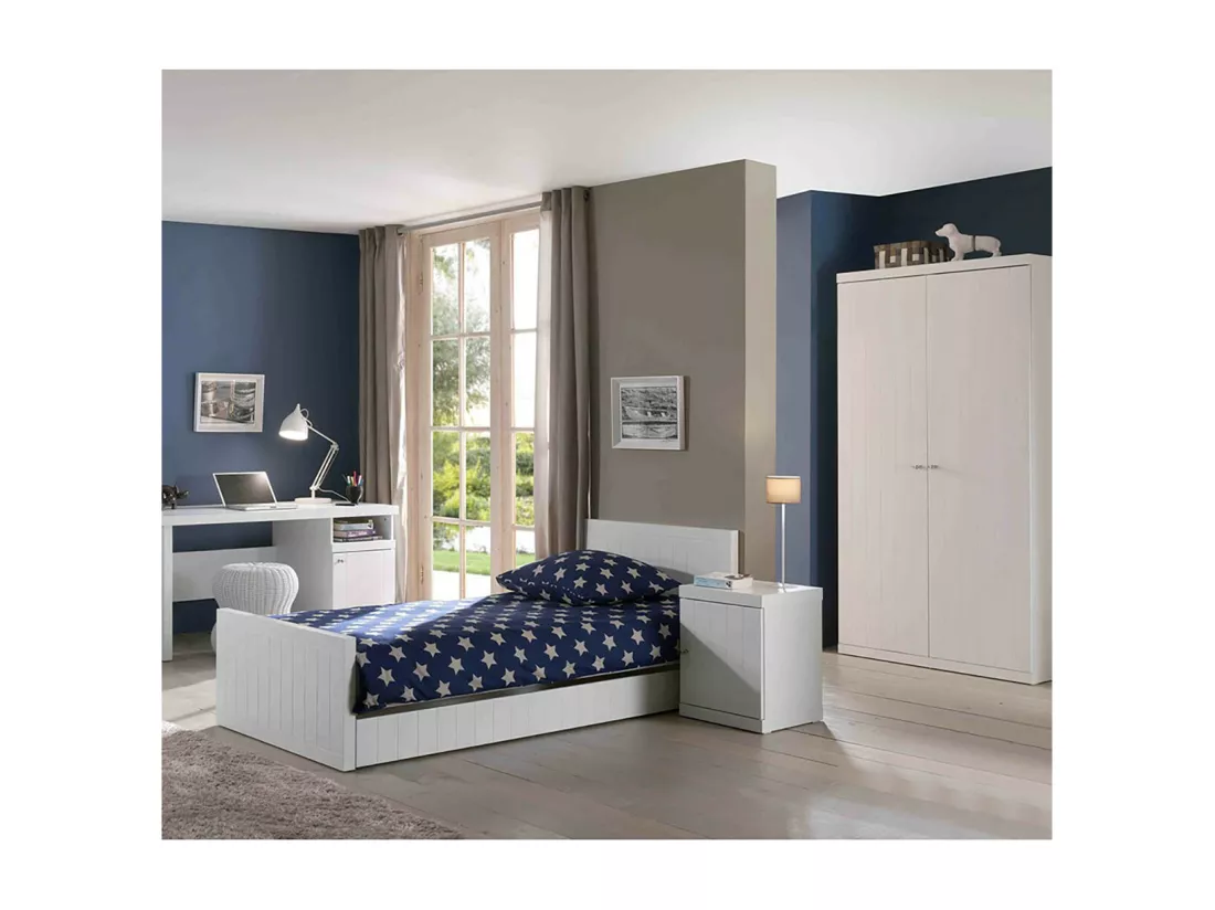 CLEO - Lit 90x200cm avec Sommier + Chevet + Armoire + Bureau