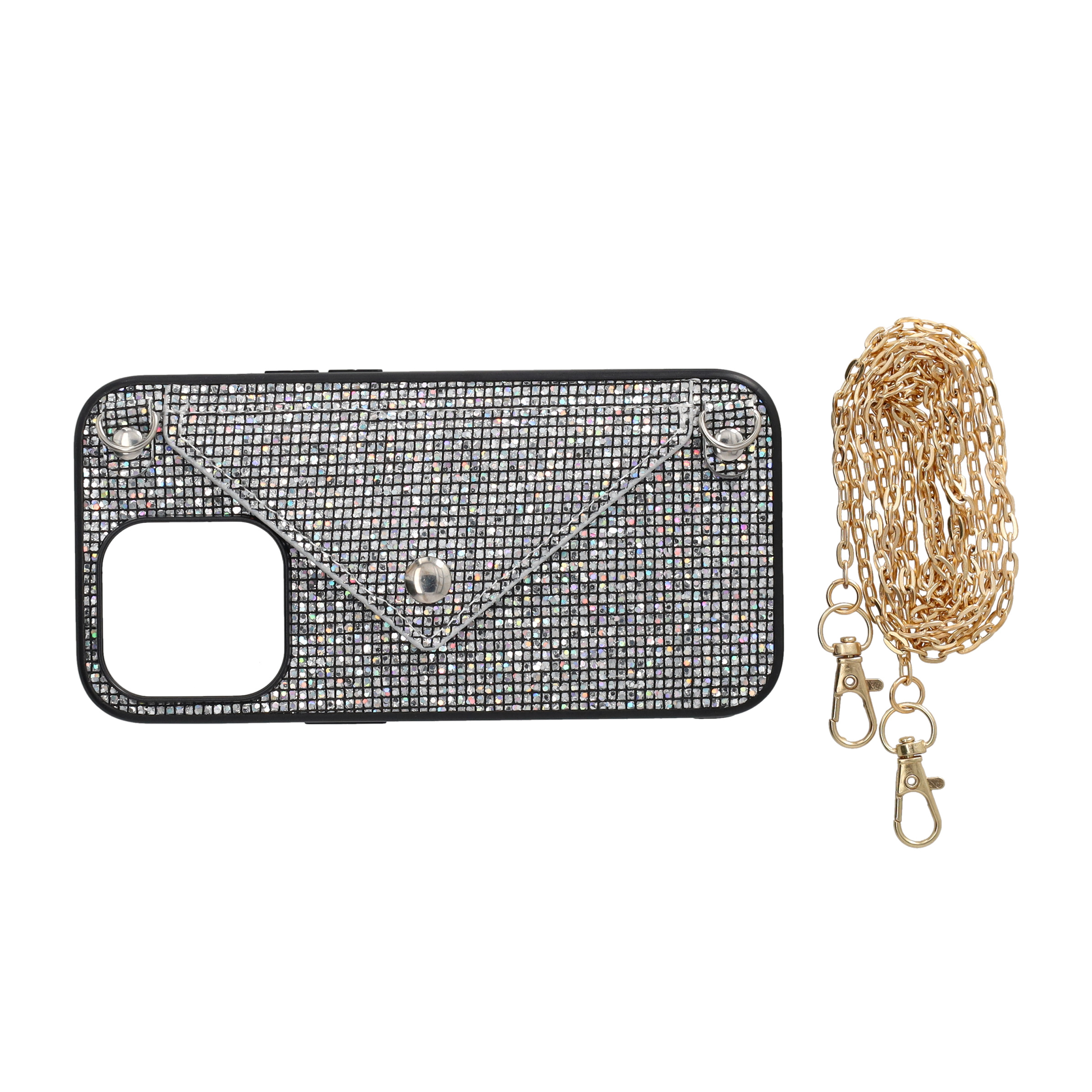 iPhone 14 Pro Necklace Schutz Hülle mit Kartenfach   Handykette (115cm) - Schwarz (Glitzer)