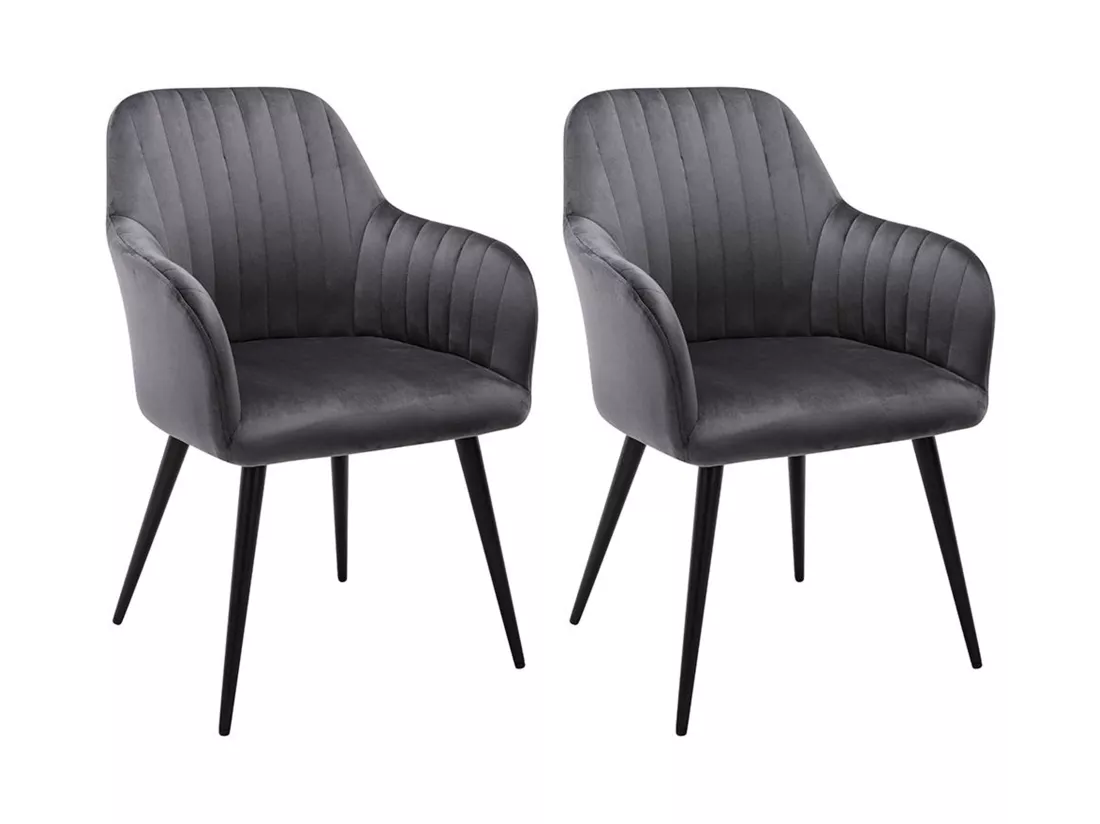 Lot de 2 chaises avec accoudoirs en velours et métal noir - Gris - ELEANA