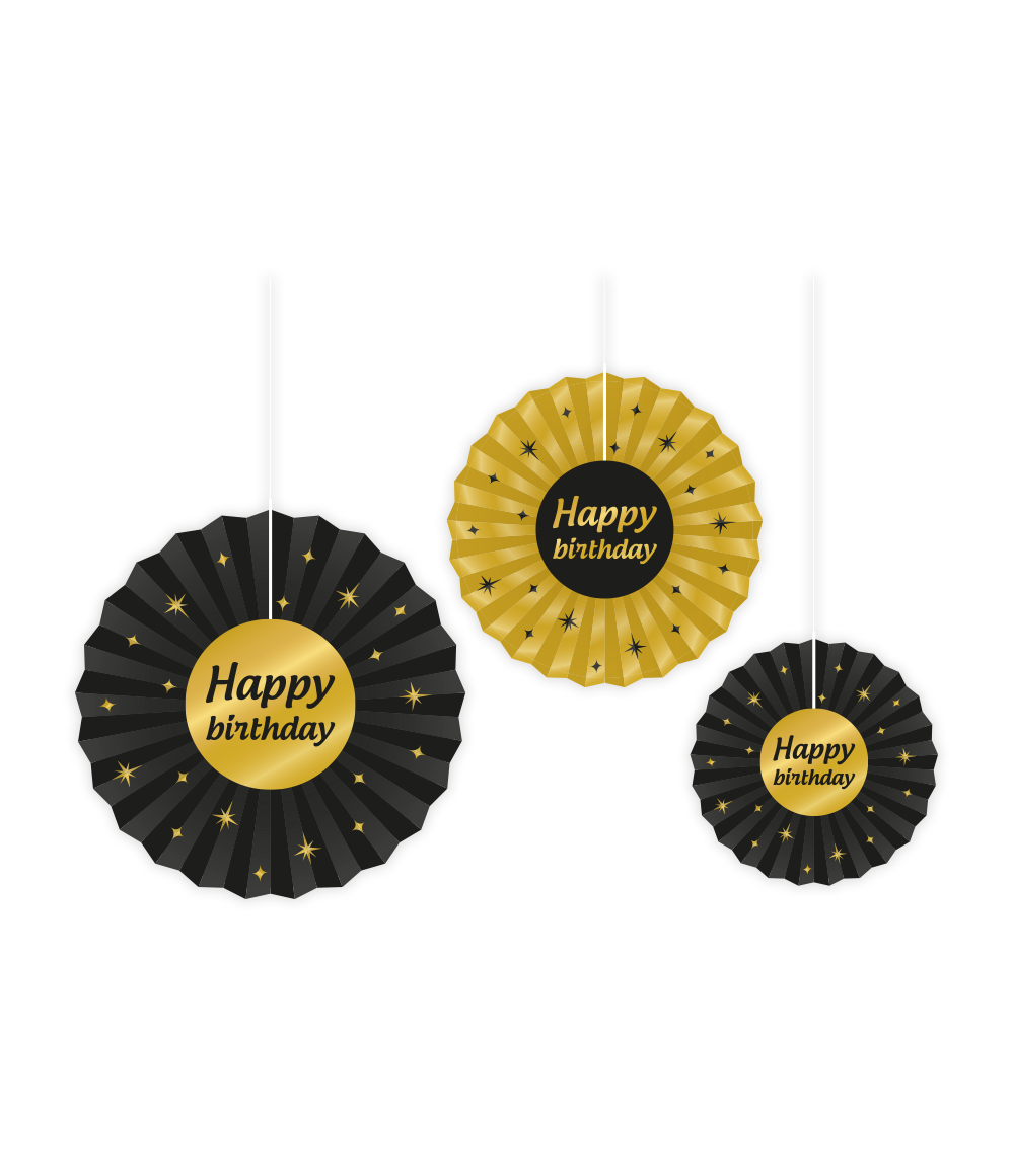 Papieren Waaiers Happy Birthday Set 20-40cm 3-delig