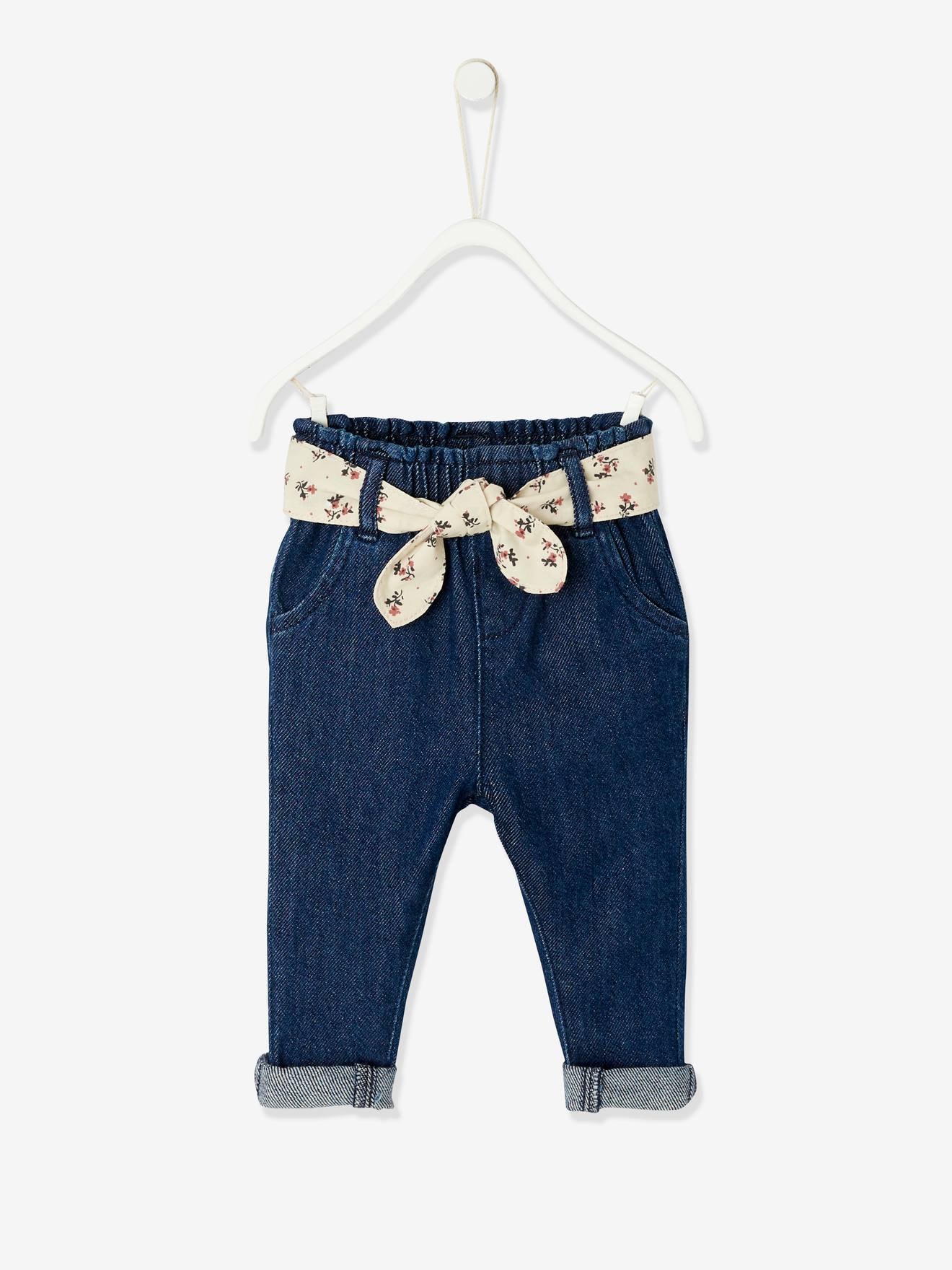 Calça jeans com cinto de tecido, para bebê, azul escuro liso