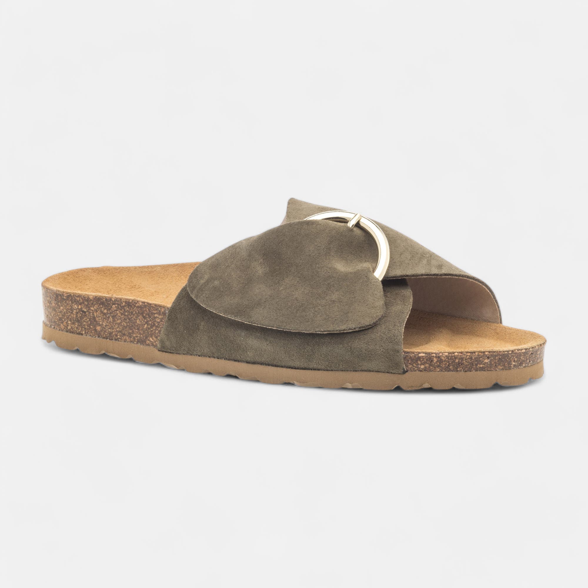 Mules semelle liège Femme en cuir kaki