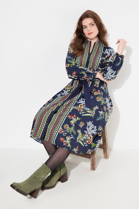 Midikleid, Landhaus-Druck, A-Linie, Kelchkragen, Langarm