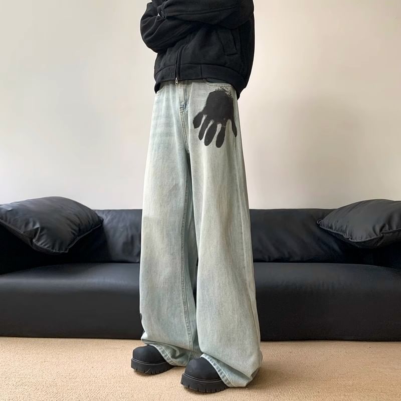 Savenne - Hoge taille handprint gewassen wijde jeans