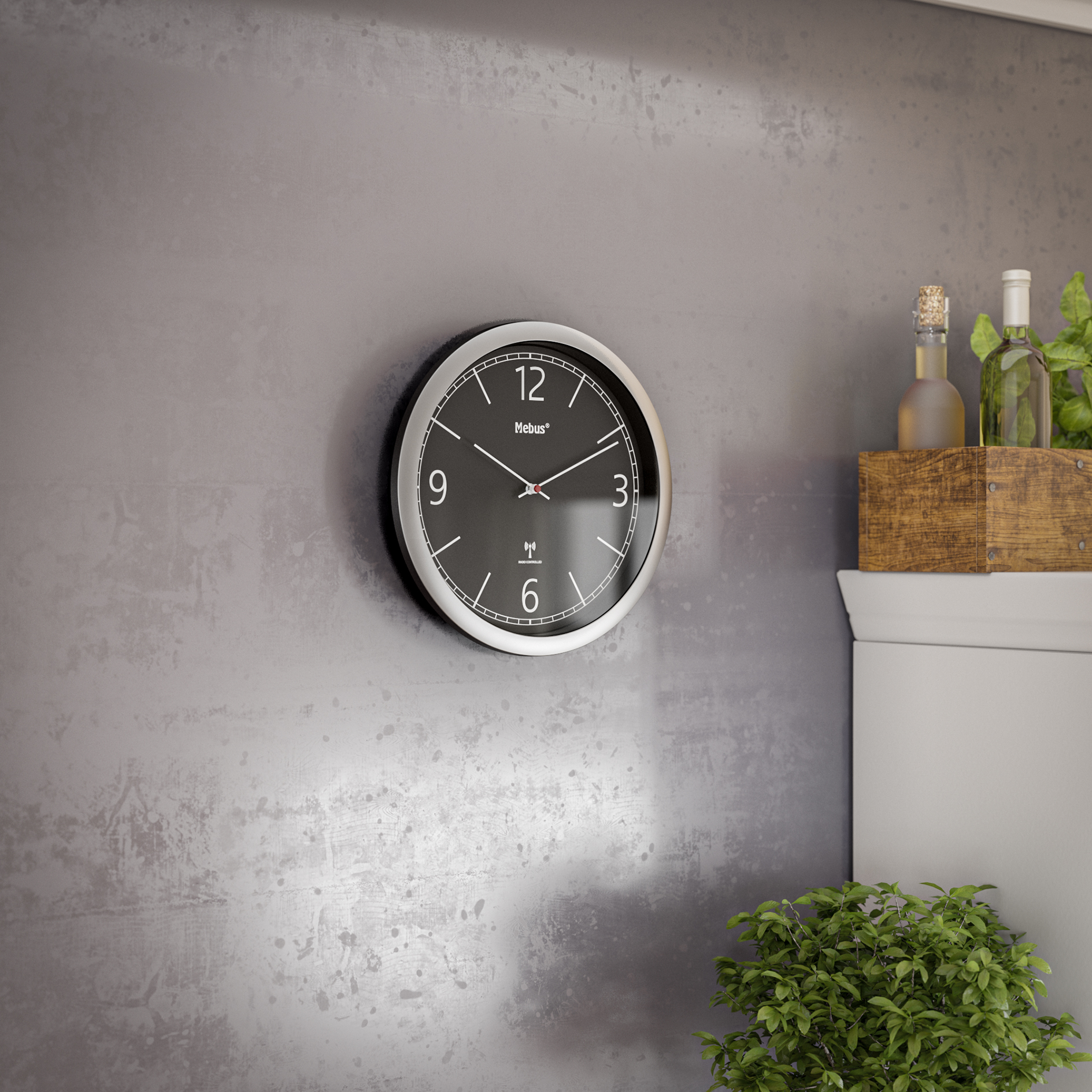 MEBUS Funk-Wanduhr - silber-schwarz - Ø 25 cm