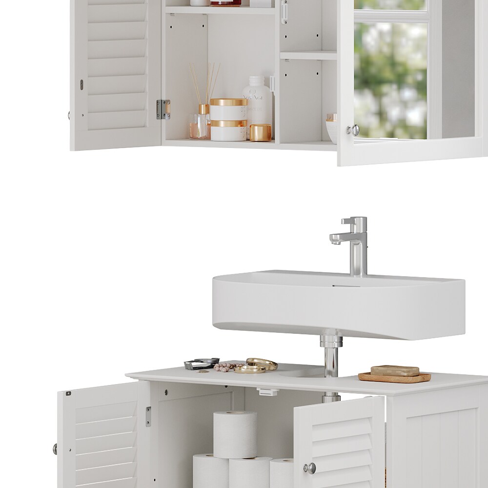 Vicco Badmöbel-Set Riad, Weiß, Badezimmer, moderne Badserie, Lamellen-Front, Waschtischunterschrank, Spiegelschrank