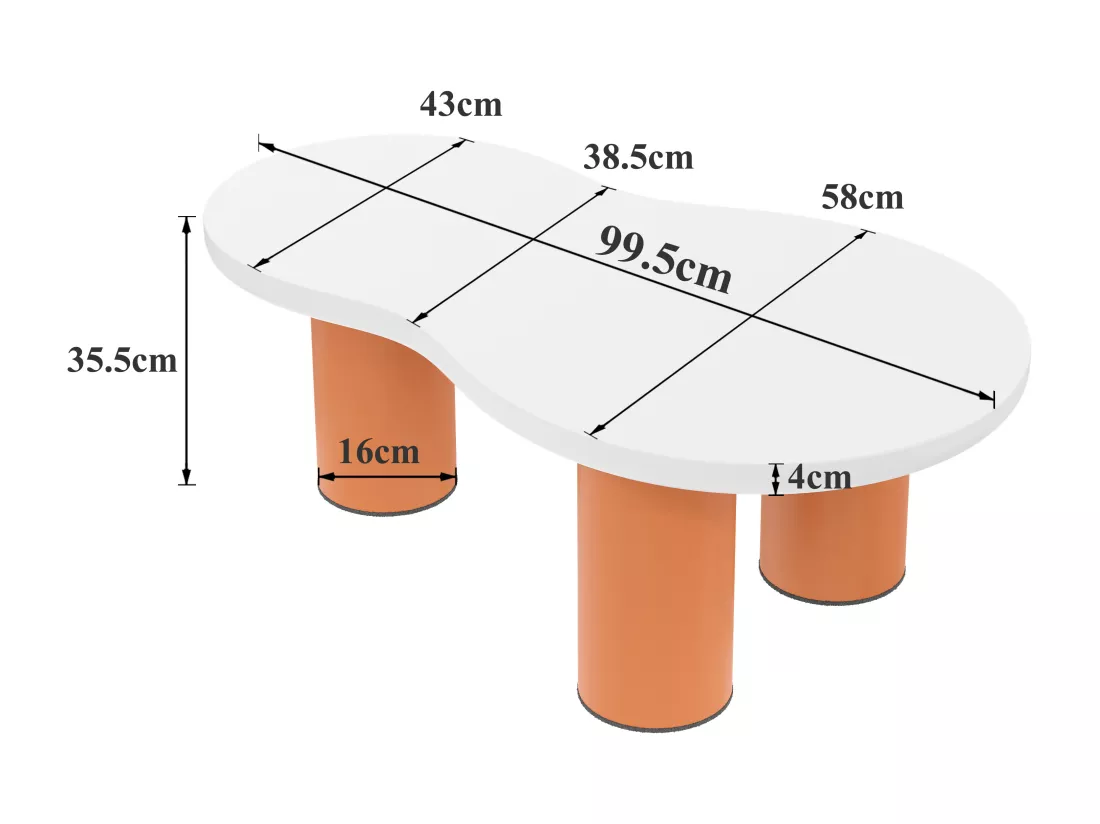 Tables basse en forme de nuage - L 99,5 x l 43-58 x H 35.5 cm - plateau en MDF peint et pieds en PVC - Blanc + orange