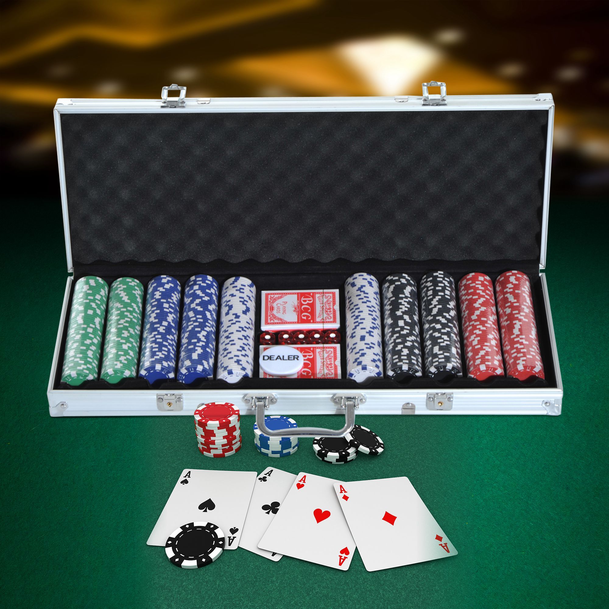 HOMCOM Pokerkoffer inklusive Pokerset silber 55.5 x 22 x 6.5 cm (LxBxH)